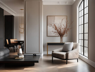 Aesthetic beautiful elegant  modern luxury interior design. Clear mock up empty wall for decoration in the apartment, painting frame. Copy space in the room.