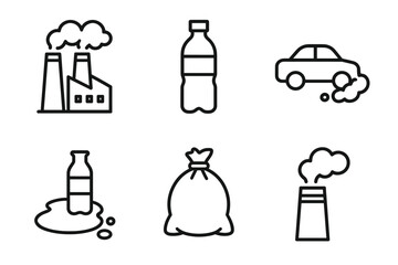 Fototapeta premium Pollution icons set: factories, waste, and emissions in black and white