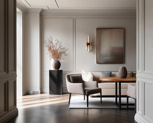 Aesthetic beautiful elegant  modern luxury interior design. Clear mock up empty wall for decoration in the apartment, painting frame. Copy space in the room.