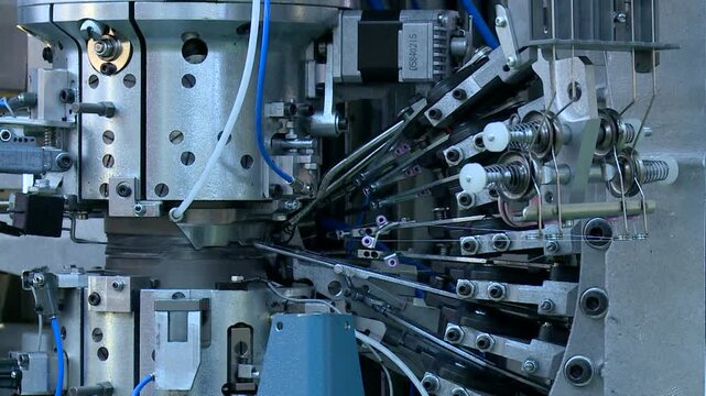 High-speed industrial circular knitting machine weaves textile threads with precision. Complex mechanical parts show modern automated production and efficiency in textile manufacturing.