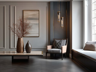 Aesthetic beautiful elegant  modern luxury interior design. Clear mock up empty wall for decoration in the apartment, painting frame. Copy space in the room.