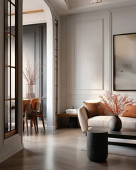 Aesthetic beautiful elegant  modern luxury interior design. Clear mock up empty wall for decoration in the apartment, painting frame. Copy space in the room.