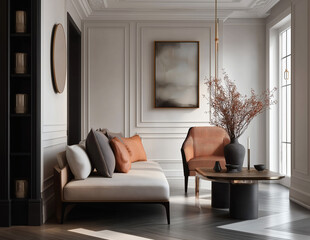 Aesthetic beautiful elegant  modern luxury interior design. Clear mock up empty wall for decoration in the apartment, painting frame. Copy space in the room.