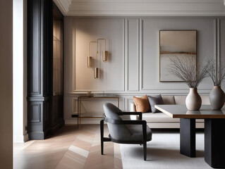 Aesthetic beautiful elegant  modern luxury interior design. Clear mock up empty wall for decoration in the apartment, painting frame. Copy space in the room.