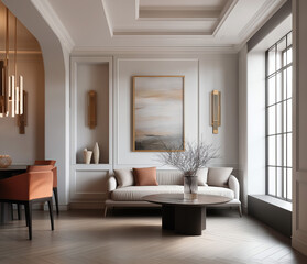 Aesthetic beautiful elegant  modern luxury interior design. Clear mock up empty wall for decoration in the apartment, painting frame. Copy space in the room.