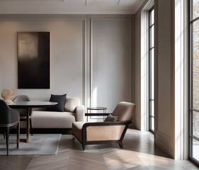 Aesthetic beautiful elegant  modern luxury interior design. Clear mock up empty wall for decoration in the apartment, painting frame. Copy space in the room.