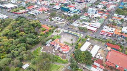 An aerial view of the Costa Rican Art Museum near City View Park in San Jose, Costa Rica.