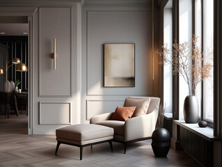 Aesthetic beautiful elegant  modern luxury interior design. Clear mock up empty wall for decoration in the apartment, painting frame. Copy space in the room.