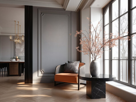 Aesthetic beautiful elegant  modern luxury interior design. Clear mock up empty wall for decoration in the apartment, painting frame. Copy space in the room.