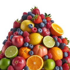 Vibrant assortment of fresh fruits and berries piled high against Transparent Background black berry
