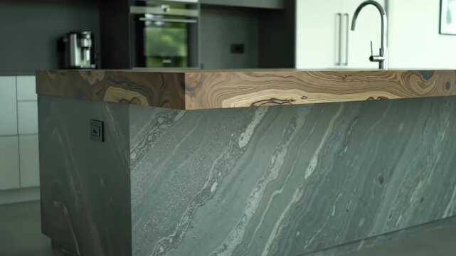 Kitchen island close up in a modern home. Wood and marble with a faucet in the background.  Suitable for lifestyle and home decor