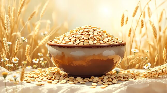 Golden Oats in Ceramic Bowl with Wheat Stalks and Chamomile Flowers in Sunlit Field (Healthy Food) - Powered by Adobe
