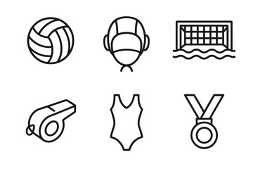 Water polo icons: ball, headgear, goal, whistle, swimsuit, medal