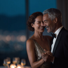 Elegant couple dancing at night with city lights in the background. A symbol of love, celebration, and mature romance. Ideal for lifestyle, wedding, and anniversary themes.