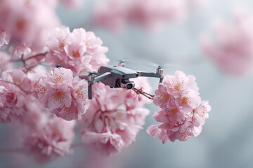 A drone flies amidst delicate pink blossoms, symbolizing technology meeting nature. Perfect for themes of innovation, spring, aerial photography, and future tech.