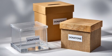 product photography requirements, high-quality product photos of different donation boxes for non-profit marketing, featuring clear labels and sharp details, on a clean white background with