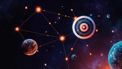 Space illustration showcasing interconnected celestial bodies, resembling a network