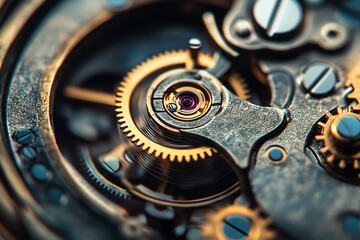 Close-up of intricate watch mechanism with gears and screws showing internal components.