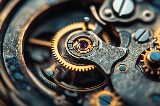 Close-up of intricate watch mechanism with gears and screws showing internal components.