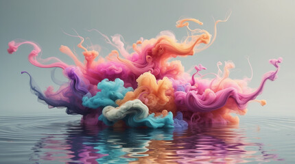 Macro shot of a colorful ink cloud, showing an initial burst and swirling flow in purple and yellow, 8K.