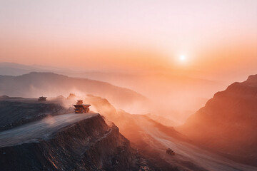 Fototapeta premium Dramatic aerial view of heavy mining trucks at sunset. Dust and haze create a surreal, powerful image of industry, environment, and engineering.