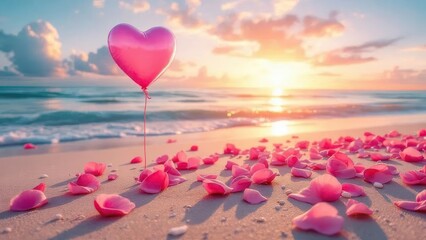 Romantic heart balloon floats over sandy beach with pink petals at sunset
