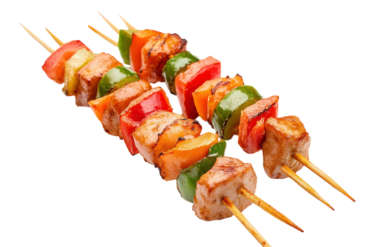 Two skewers with grilled meat and colorful bell peppers