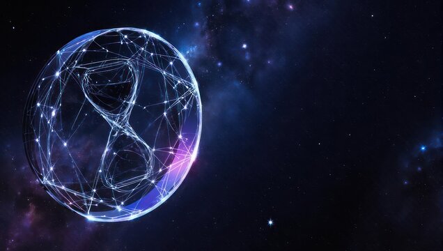 Spherical depiction of connected nodes forming an hourglass shape in deep space, nebulous background