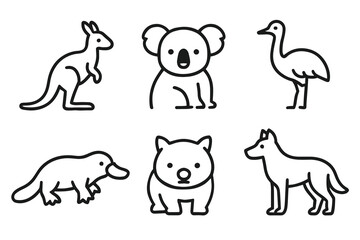 Outline illustrations of iconic australian animals in black and white