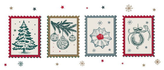 Christmas Stamps, mail, Advent calendar, postcard hand-drawn illustrations.	
