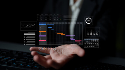 A project management dashboard for business. The interface features a Gantt chart to visualize the...