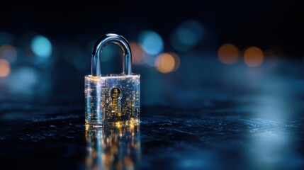 A digital padlock icon shines against a vibrant blue background, enhanced by light rays and a bokeh effect, symbolizing high-tech security and cyber protection for network systems.