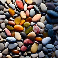Colorful smooth stones arranged in a textured pattern creating a natural mosaic with earthy tones and organic shapes perfect for backgrounds and designs