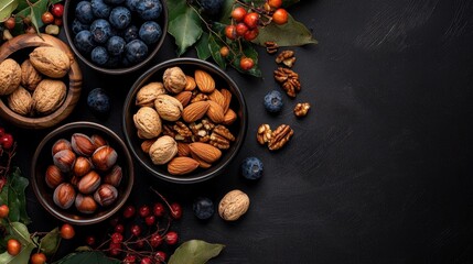Flat lay of various nuts and berries arranged on a black background. there are three bowls of nuts in the center of the image, each filled with different types of nuts.