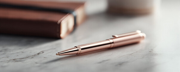 Fototapeta premium Elegant rose gold pen resting on a marble surface, evoking sophistication and creativity. Ideal for office, writing, or lifestyle themes.