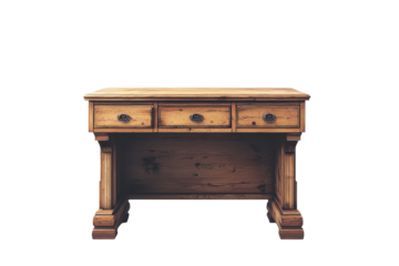 A wooden desk with three drawers against a transparent background