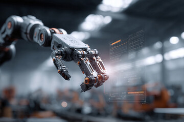Mechanical arm in a factory, interacting with a digital interface. Automation, technology, future concepts. Use for manufacturing, AI, robotics, innovation themes.