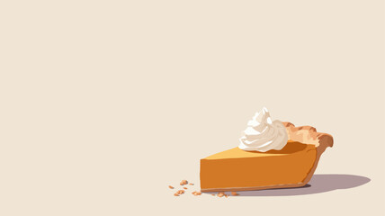 Delicious pumpkin pie slice with whipped cream topping on light background, traditional Thanksgiving dessert illustration with warm festive atmosphere.