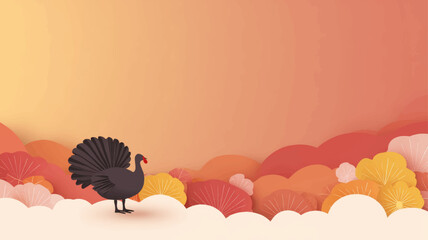 Elegant turkey silhouette in warm autumn forest with golden foliage, cozy seasonal Thanksgiving celebration background illustration for festive design.