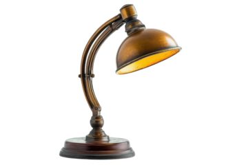 Illuminated vintage brass desk lamp on a transparent background