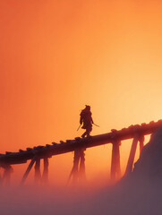 Naklejka premium Silhouette of a lone warrior walking across a wooden bridge amidst a hazy, orange sky. Evokes strength, determination, and adventure. Ideal for gaming, fantasy, or historical themes.