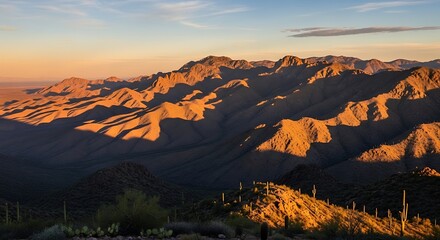 Fototapeta premium Desert mountain range landscape at sunset with saguaro cacti in the foreground