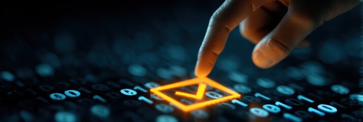 A hand hovers over an orange checkmark in a box against a blue binary code backdrop, symbolizing the intersection of quality control and advanced technology.