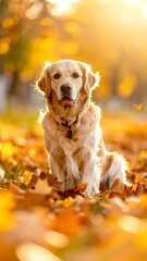 Golden Retriever in autumn leaves