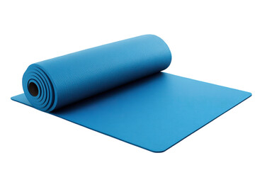 A partially rolled up blue yoga mat on a transparent background