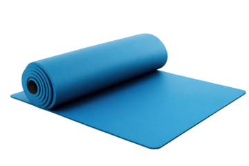A partially rolled up blue yoga mat on a transparent background