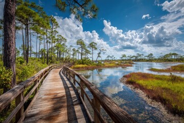Fototapeta premium Explore the serene beauty of Stormington Nature Preserve, where a wooden boardwalk winds through lush marshlands. Tall pine trees frame the vibrant wetlands under a clear blue sky.