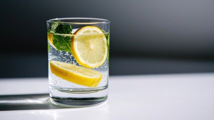 Close-up of a glass of water with a slice of lemon and a sprig of mint on the rim. the glass is filled with clear water and there are small bubbles visible on the surface.