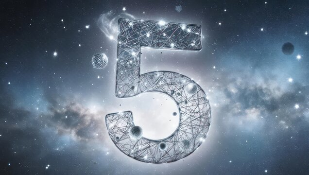 Stylized digit "5" made of interconnected lines and spheres, set against an otherworldly, starry backdrop