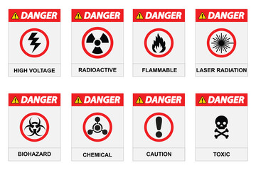 Set of eight standard industrial danger warning labels for high voltage flammable biohazard toxic radioactive risks ideal for safety manuals and regulatory compliance use